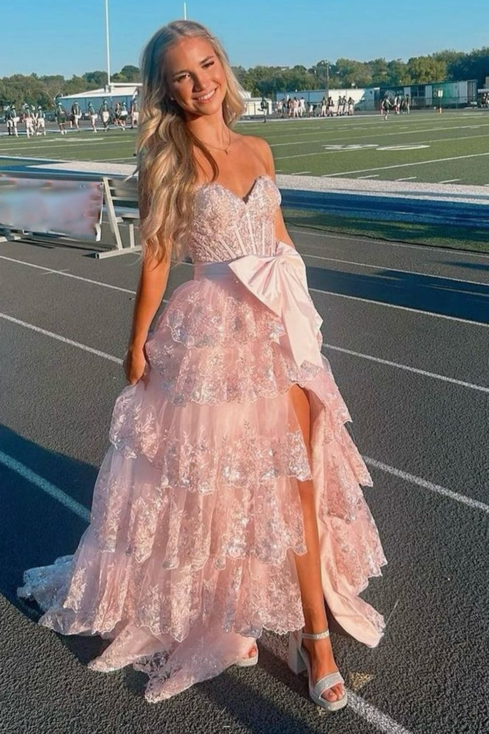 Black Prom Dress Sweetheart Tiered Long Evening Dress with Bow