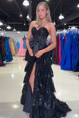 Black Prom Dress Sweetheart Tiered Long Evening Dress with Bow