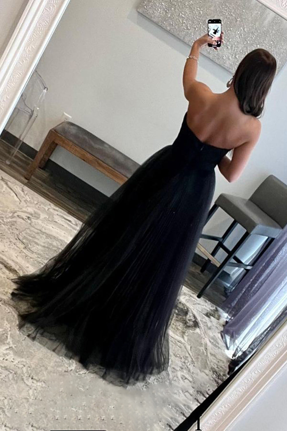 Black Prom Dress Sweetheart Tulle A-Line Evening Dress