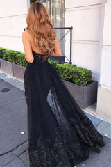 Black Prom Dress Sweetheart Tulle Lace Beaded Long Evening Dress