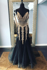 Black Prom Dress Sweetheart Tulle Sequin Long Evening Dress