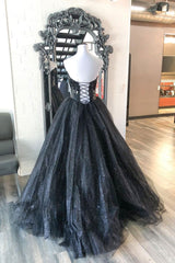 Black Prom Dress Sweetheart Tulle Sequin Long Formal Gown Evening Dress