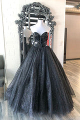Black Prom Dress Sweetheart Tulle Sequin Long Formal Gown Evening Dress