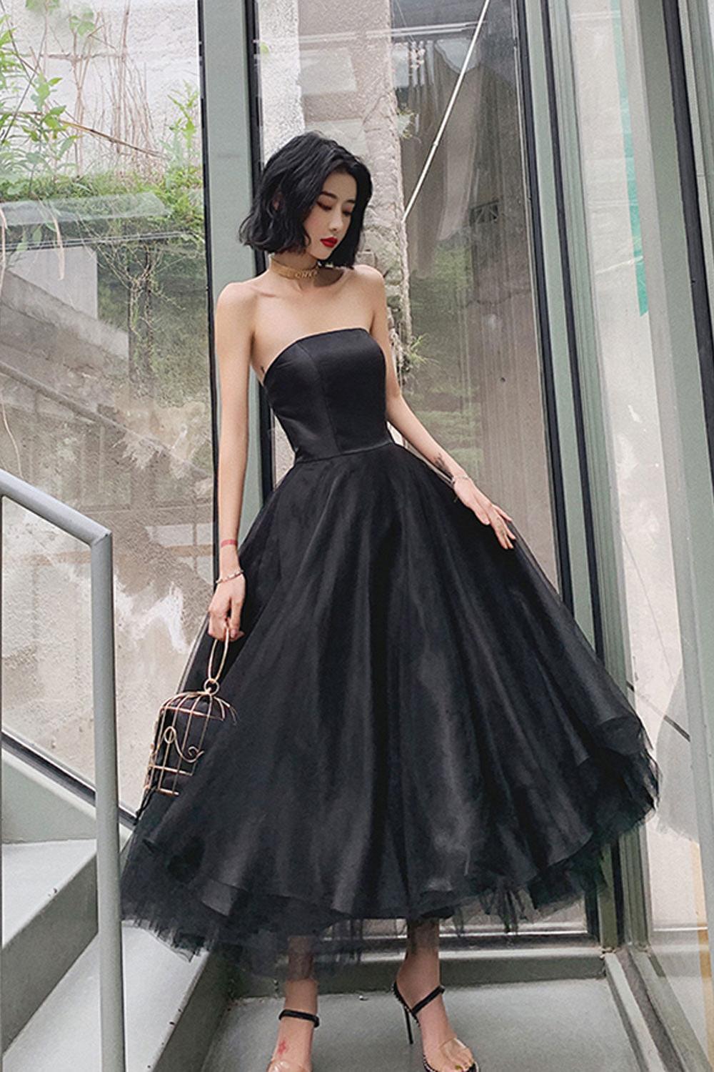 Black Prom Dress Tea Length Tulle Evening Dress