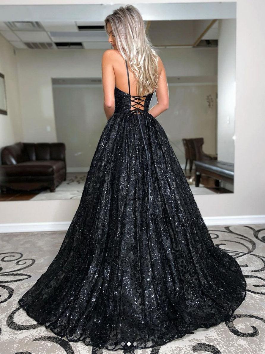 Black Prom Dress Tulle Sequin Long Formal Gown Evening Dress