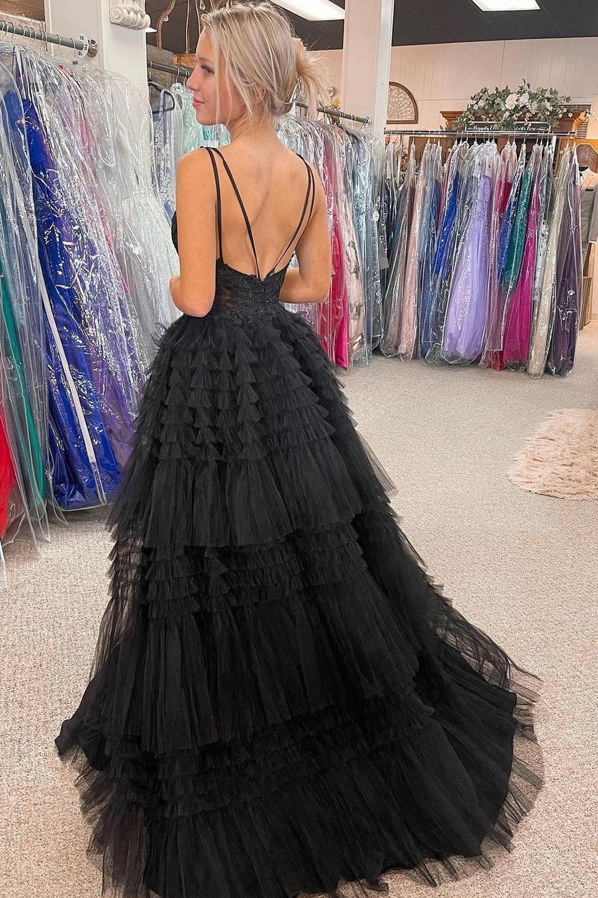 Black Prom Dress V Neck Asymmetrical Tulle Long Evening Dress