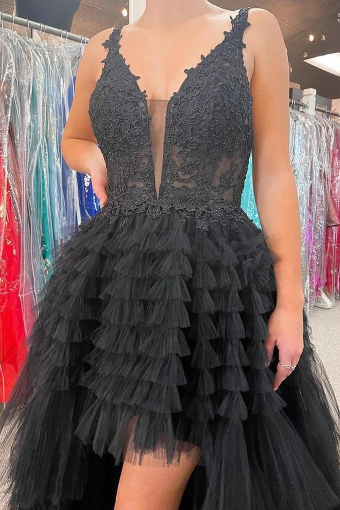 Black Prom Dress V Neck Asymmetrical Tulle Long Evening Dress