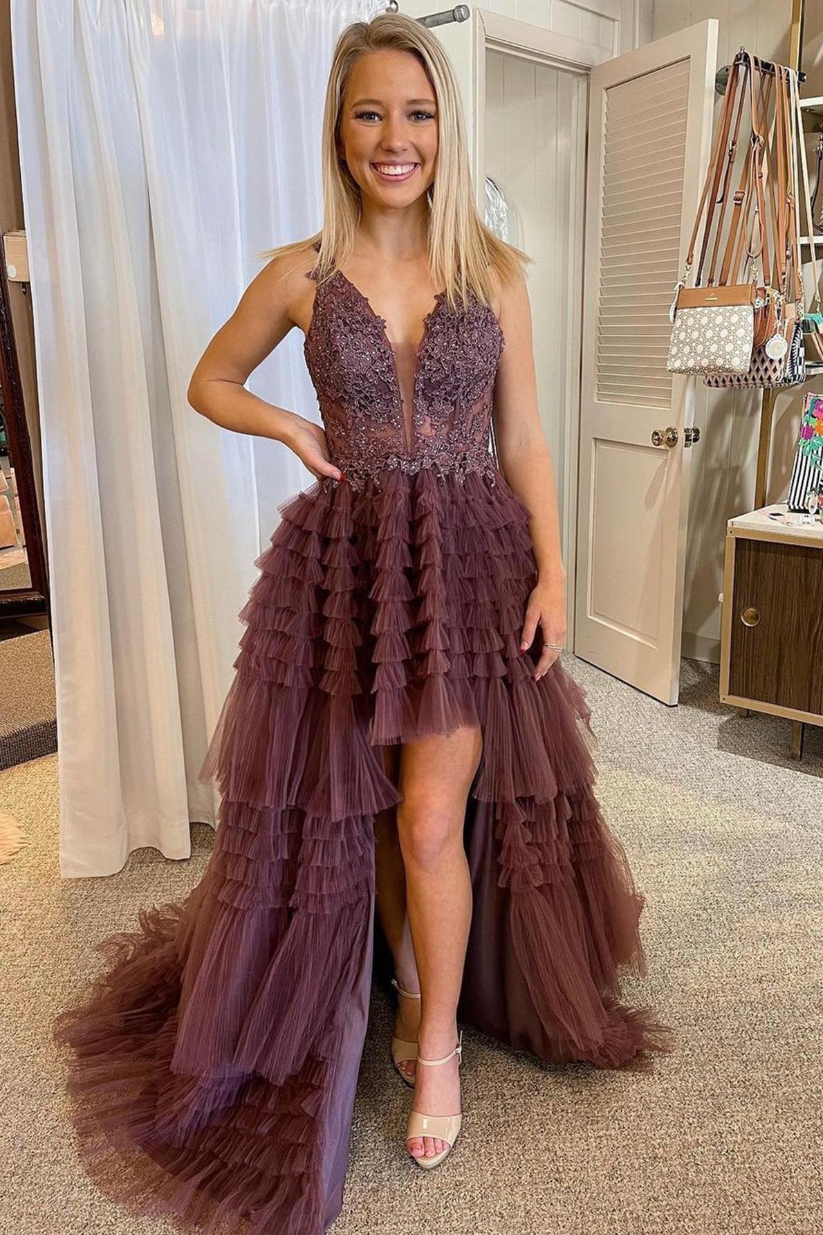 Black Prom Dress V Neck Asymmetrical Tulle Long Evening Dress