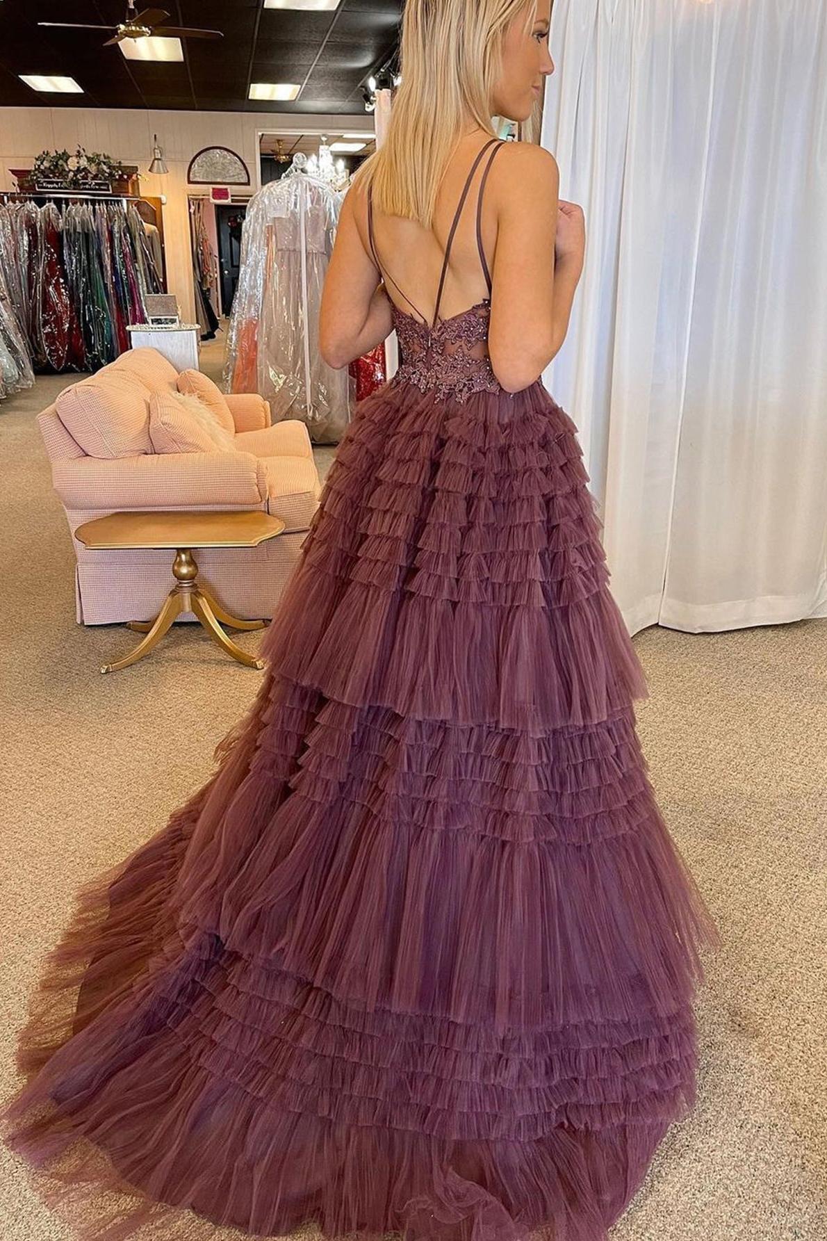 Black Prom Dress V Neck Asymmetrical Tulle Long Evening Dress