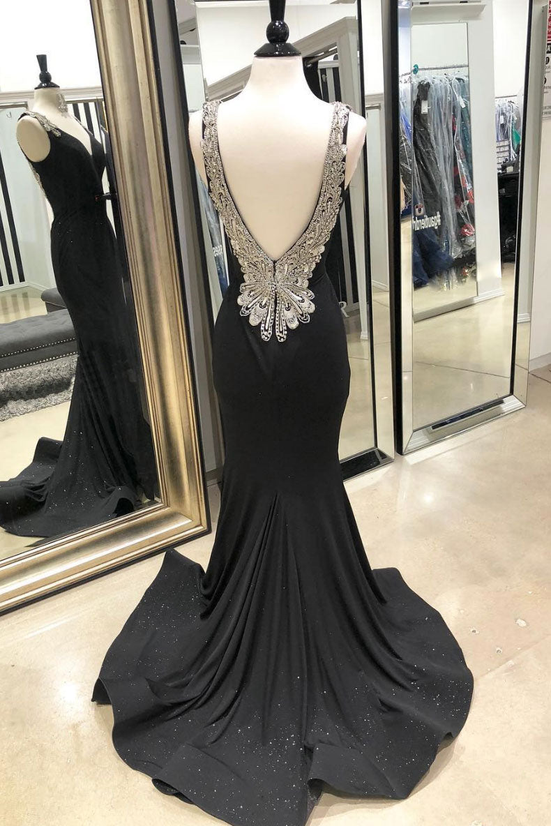 Black Prom Dress V Neck Mermaid Long Evening Dress