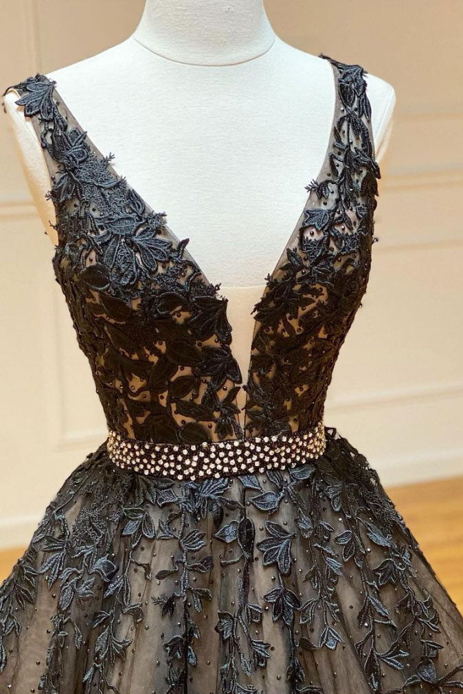 Black Prom Dress V Neck Tulle Lace Beaded Long Formal Dress Evening Dress
