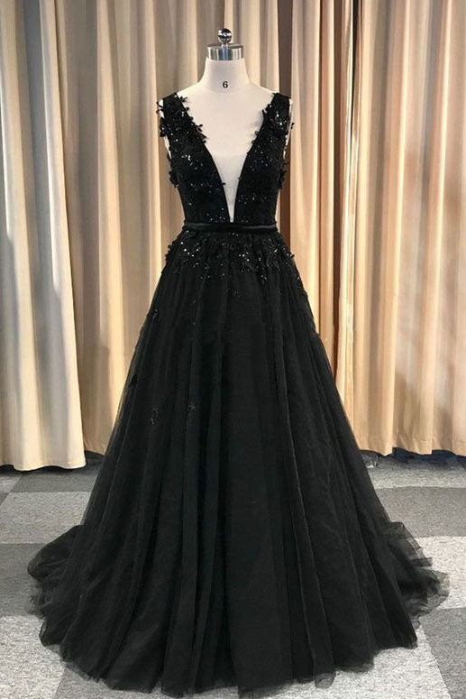 Black Prom Dress V Neck Tulle Lace Long Evening Dress