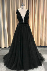 Black Prom Dress V Neck Tulle Lace Long Evening Dress