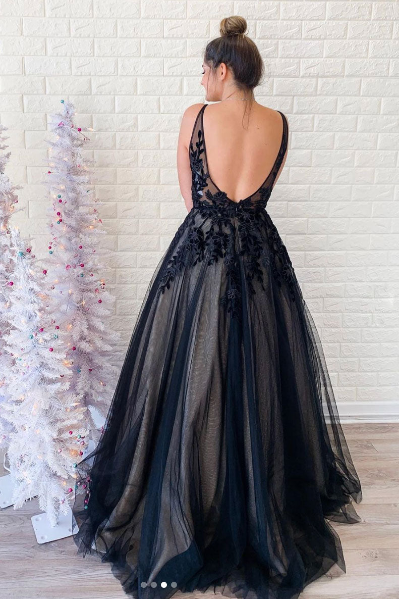 Black Prom Dress V Neck Tulle Lace Long Formal Evening Dress