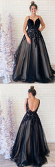 Black Prom Dress V Neck Tulle Lace Long Formal Evening Dress