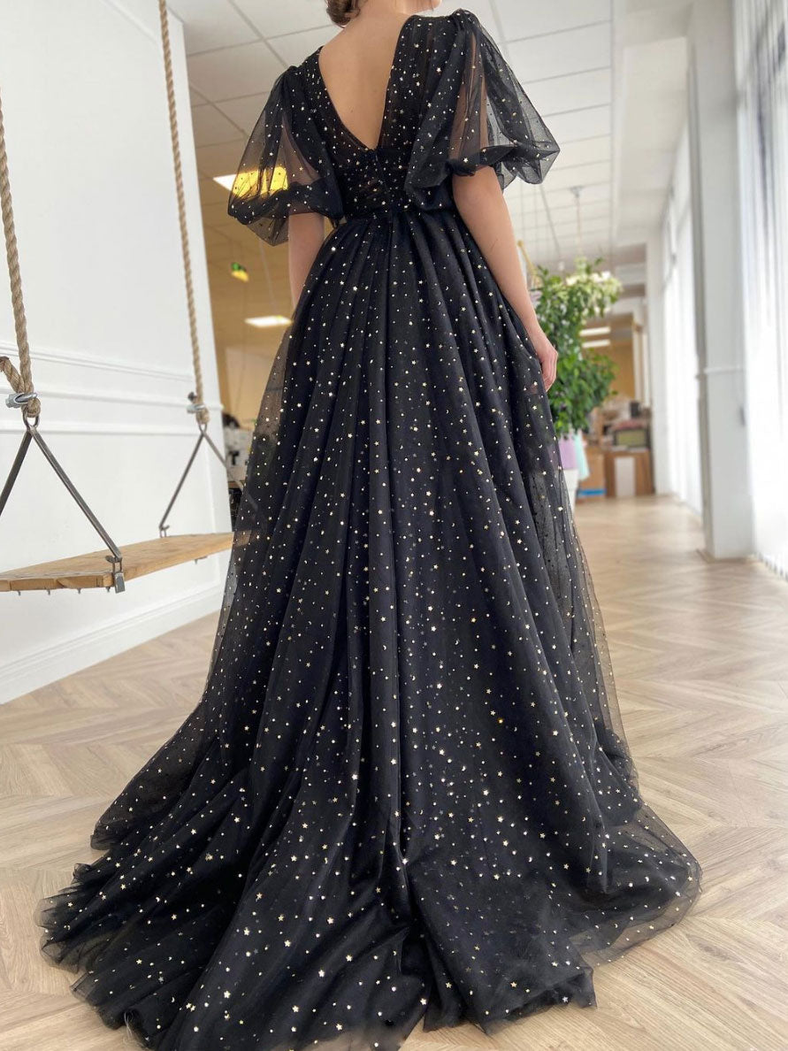 Black Prom Dress V Neck Tulle Long Formal Gown Evening Dress