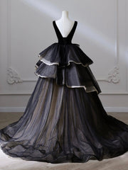 Black Prom Dress V Neck Tulle Velvet Long Formal Gown Evening Dress