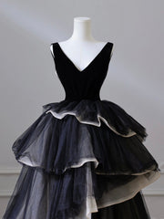 Black Prom Dress V Neck Tulle Velvet Long Formal Gown Evening Dress