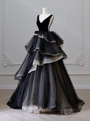 Black Prom Dress V Neck Tulle Velvet Long Formal Gown Evening Dress