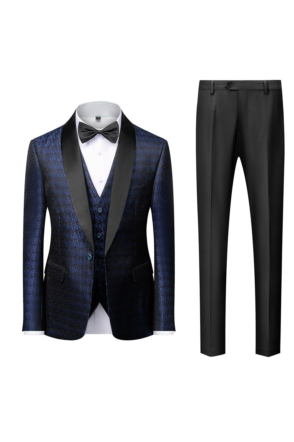 Black Shawl Lapel Jacquard 3-Piece Men's Suit Blazer Vest Pants