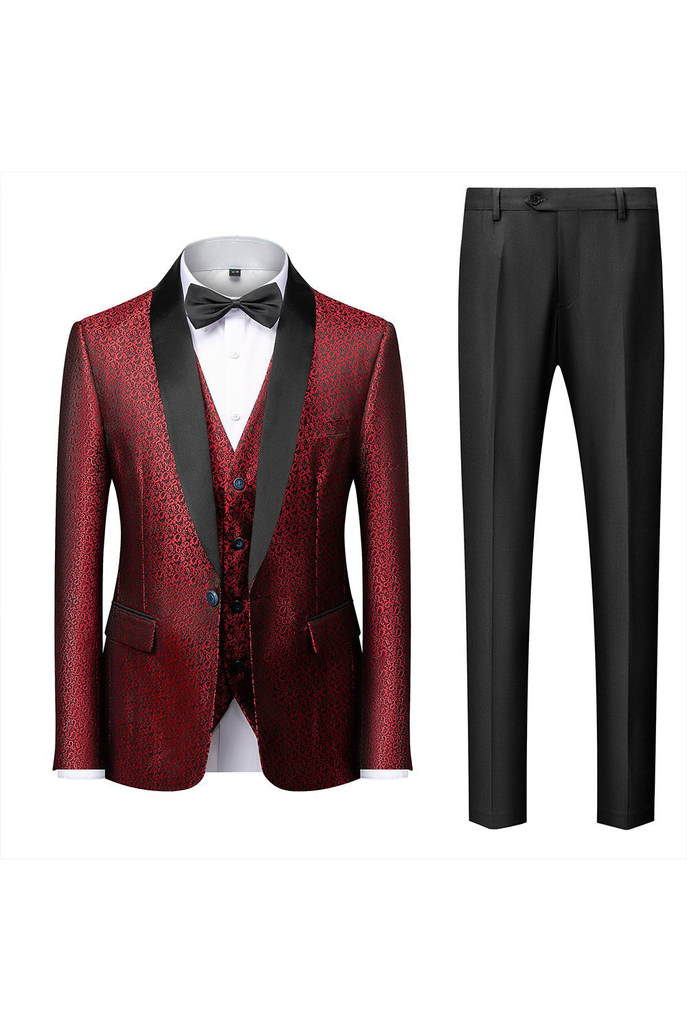 Black Shawl Lapel Jacquard 3-Piece Men's Suit Blazer Vest Pants