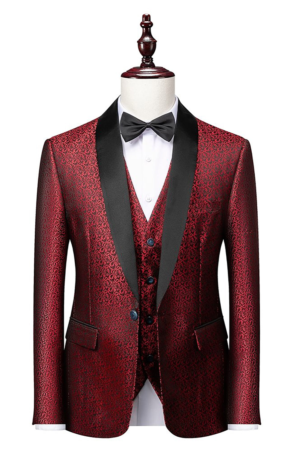 Black Shawl Lapel Jacquard 3-Piece Men's Suit Blazer Vest Pants