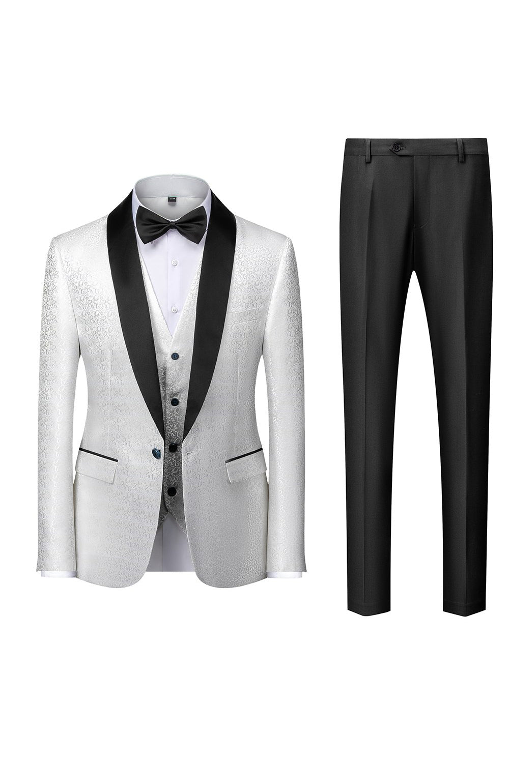 Black Shawl Lapel Jacquard 3-Piece Men's Suit Blazer Vest Pants