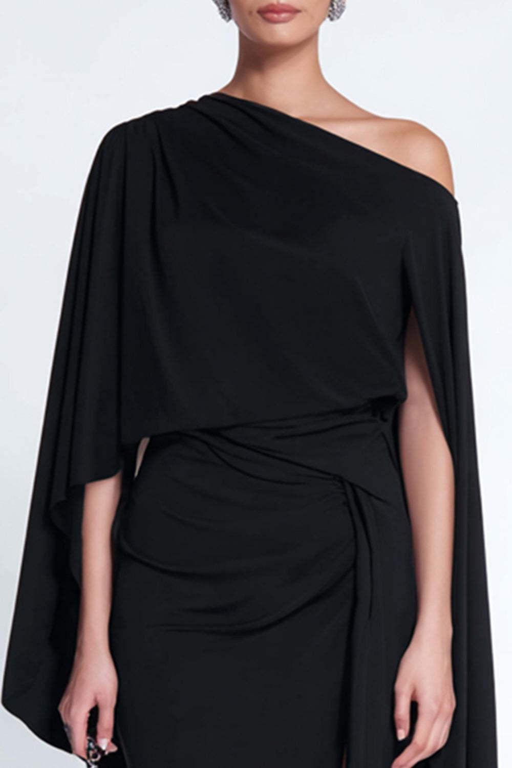 Dressystars Black Sheath One Shoulder Midi Prom Dress With Cape