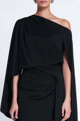 Dressystars Black Sheath One Shoulder Midi Prom Dress With Cape