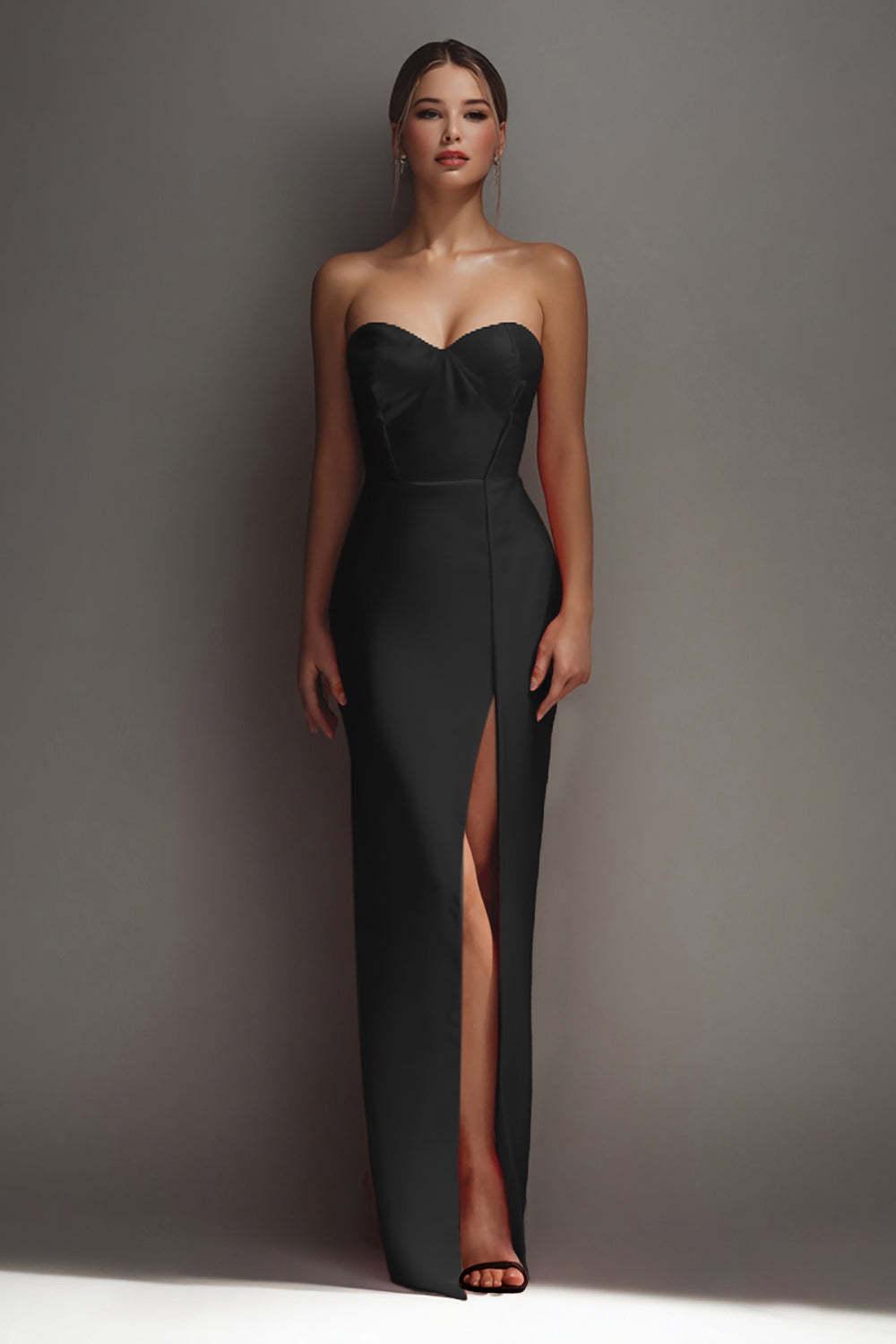 Dressystars Black Sheath Sweetheart Long Satin Prom Dress With Slit