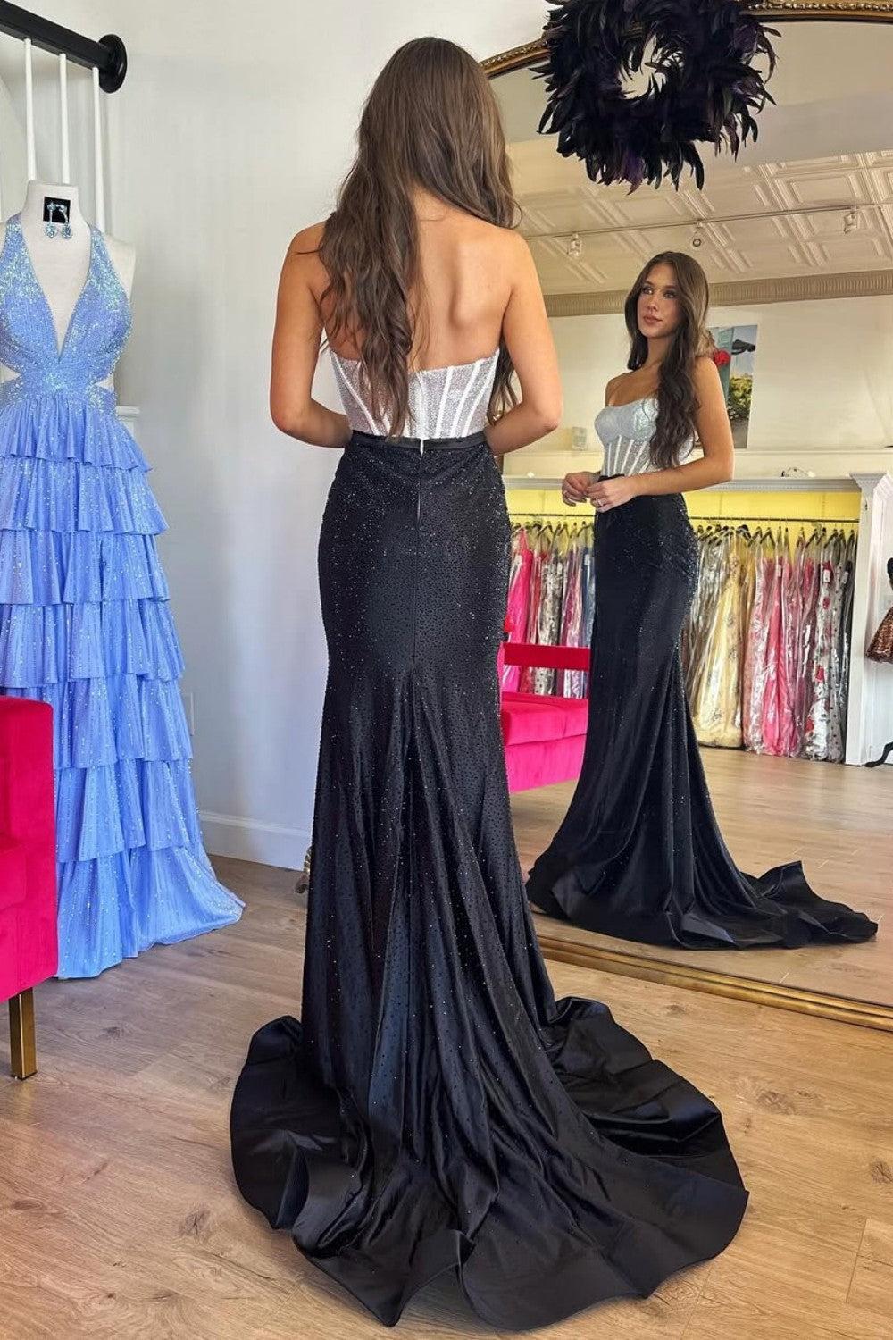 Dressystars Black & Silver Strapless Structured Corset Top Beading Prom Dress With High Slit Formal Evening Gown