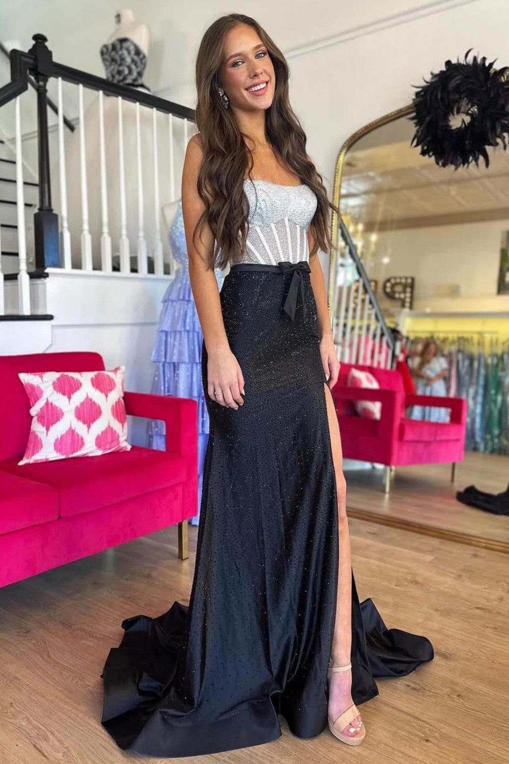 Dressystars Black & Silver Strapless Structured Corset Top Beading Prom Dress With High Slit Formal Evening Gown