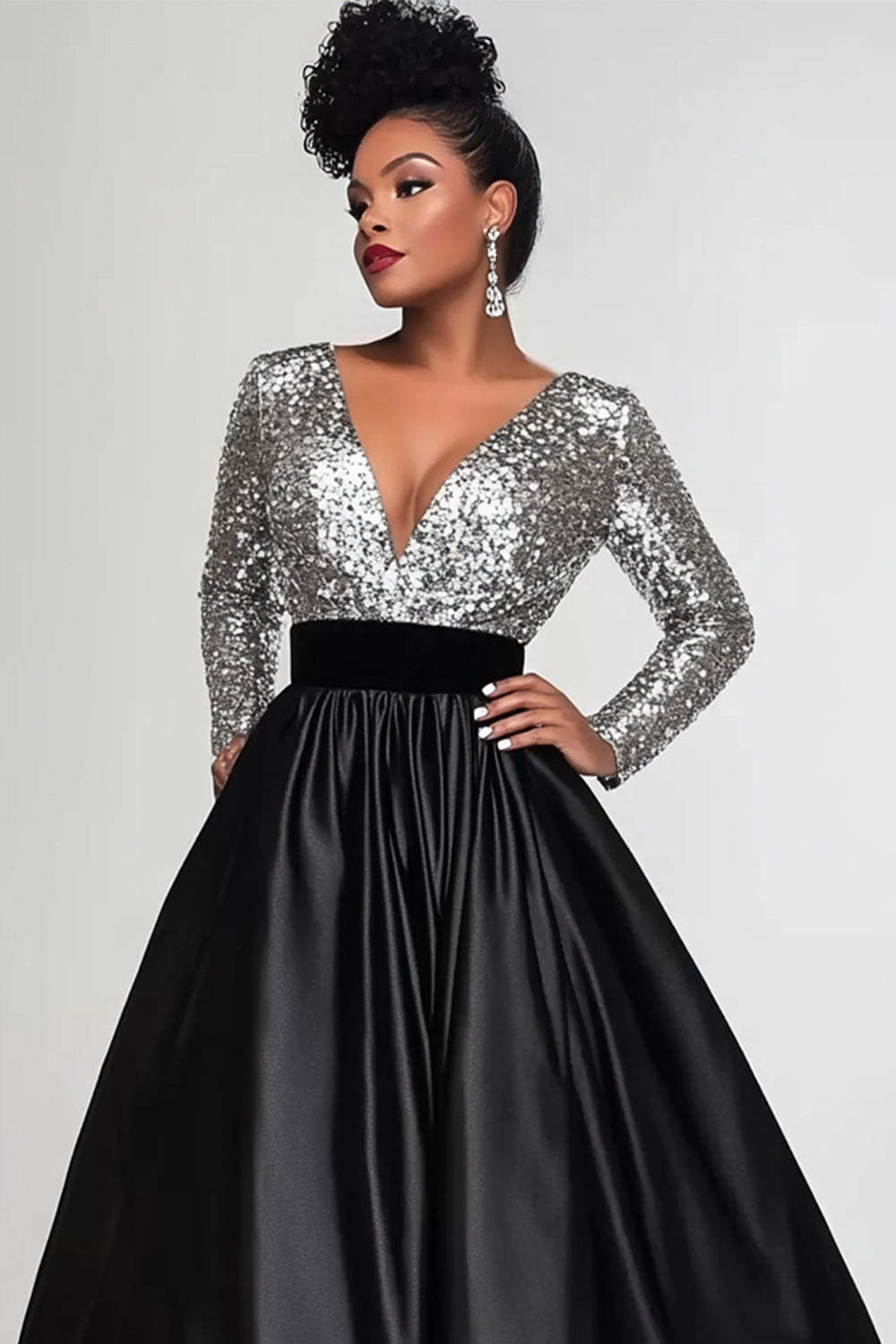 Black Silver Wedding Guest Dress A-Line Long Sleeves Long Formal Dress
