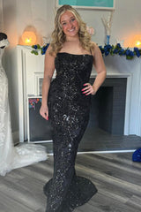 Black Spaghetti Straps Evening Dress Mermaid Long Prom Dress with Sequins