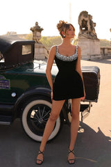 Black Straps Homecoming Dress Sleeveless Short Cocktail Dress With Beading