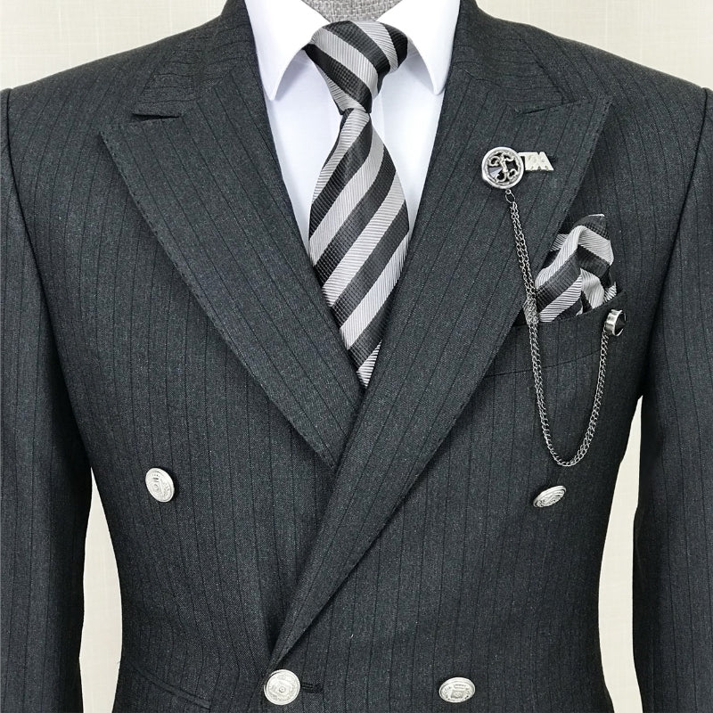 Black Striped Double Breasted Peaked Lapel Business Suit