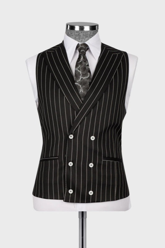 Black Striped Peaked Lapel 3 Piece Business Men's Suit