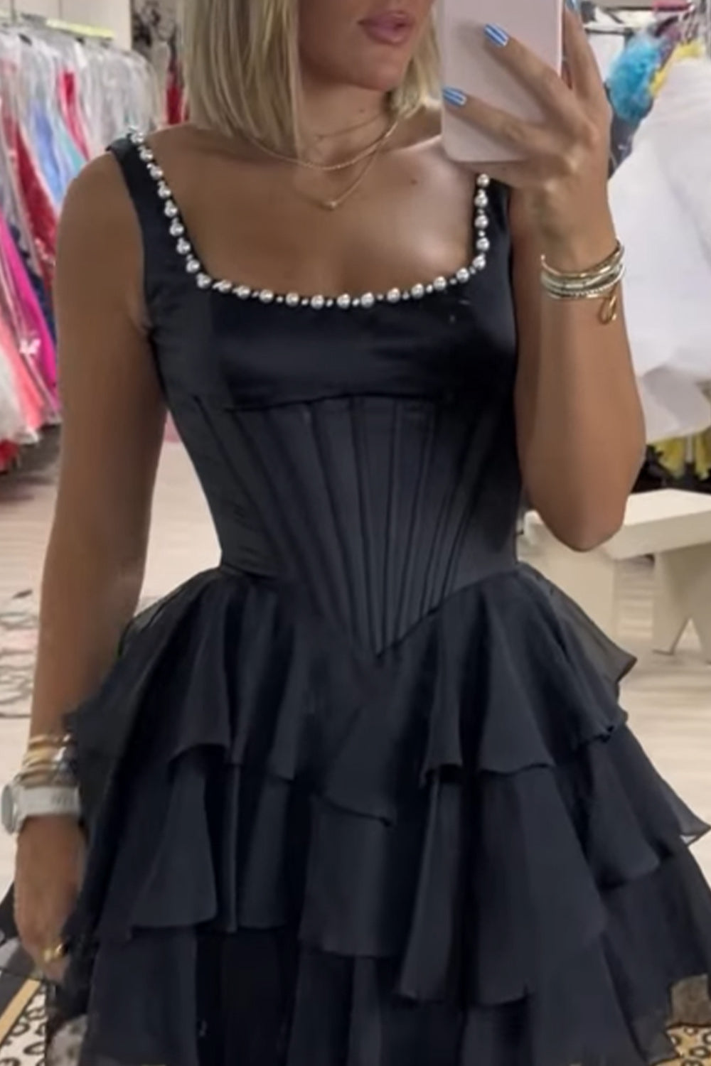 Square Neck Corset Homecoming Dress Tiered Sleeveless Short Party Dress
