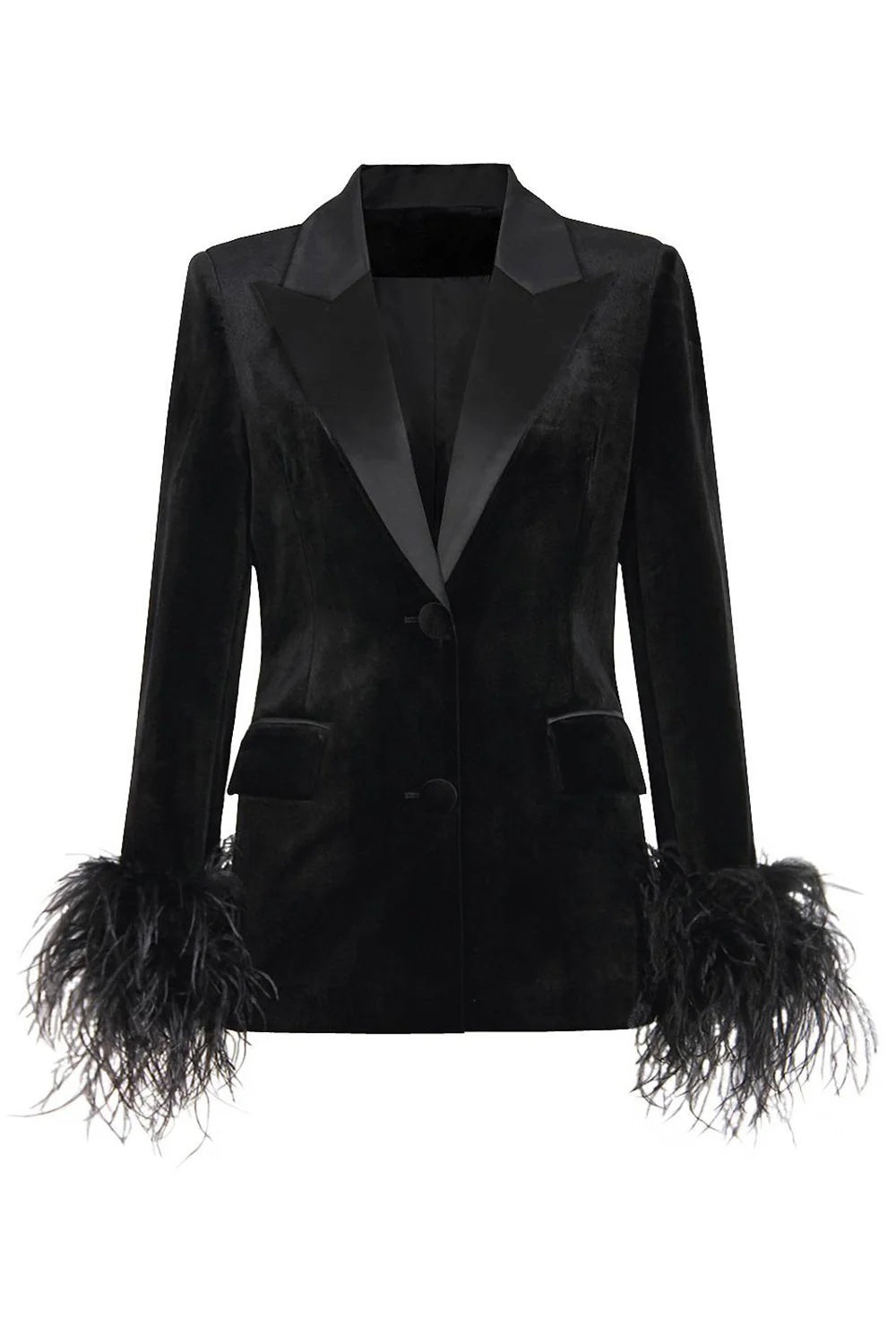 Black Velvet Coat For Women Featuring A Feather-Trimmed Peak Lapel