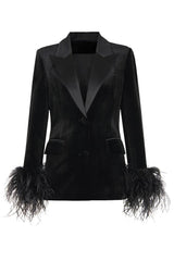 Black Velvet Coat For Women Featuring A Feather-Trimmed Peak Lapel
