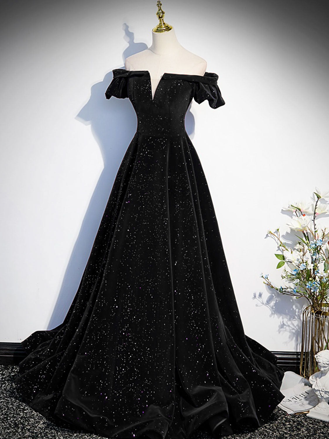 Black Velvet Formal Dress A Line Off the Shoulder Long Evening Dress