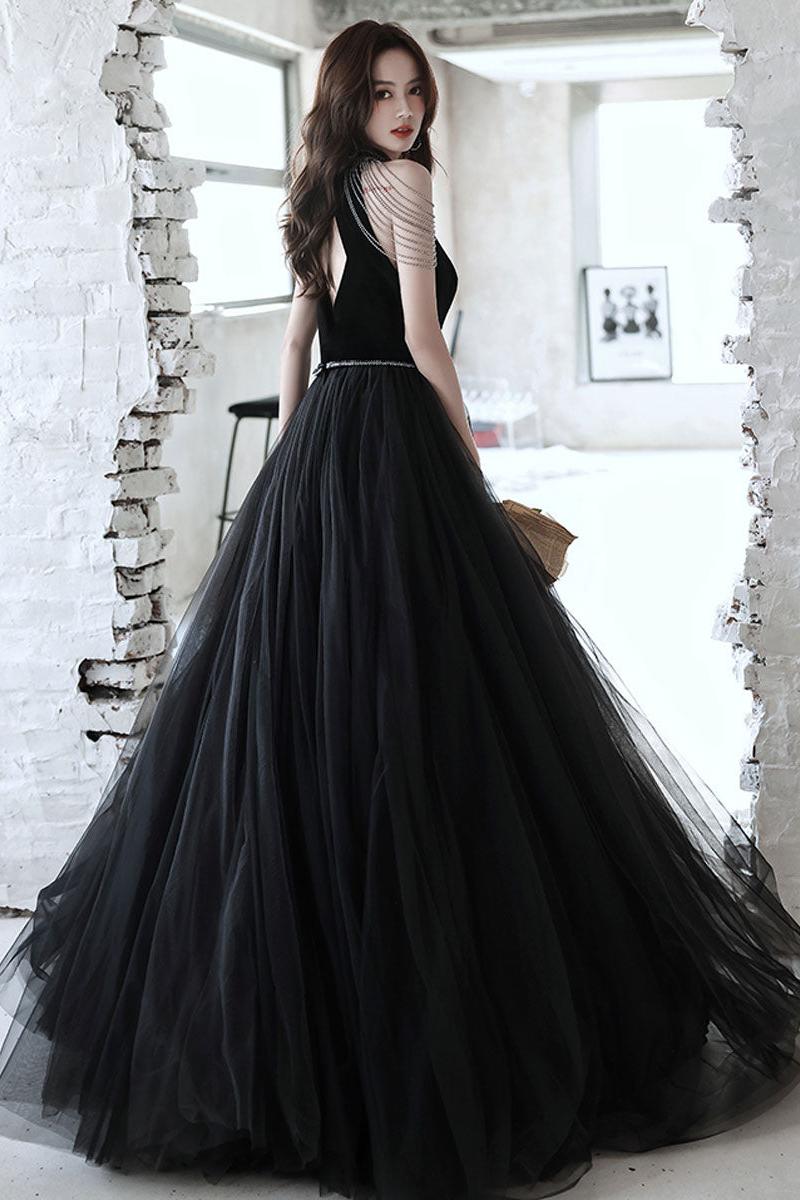 Black Velvet Formal Dress A Line Tulle Beaded Long Evening Dress
