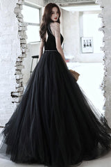 Black Velvet Formal Dress A Line Tulle Beaded Long Evening Dress