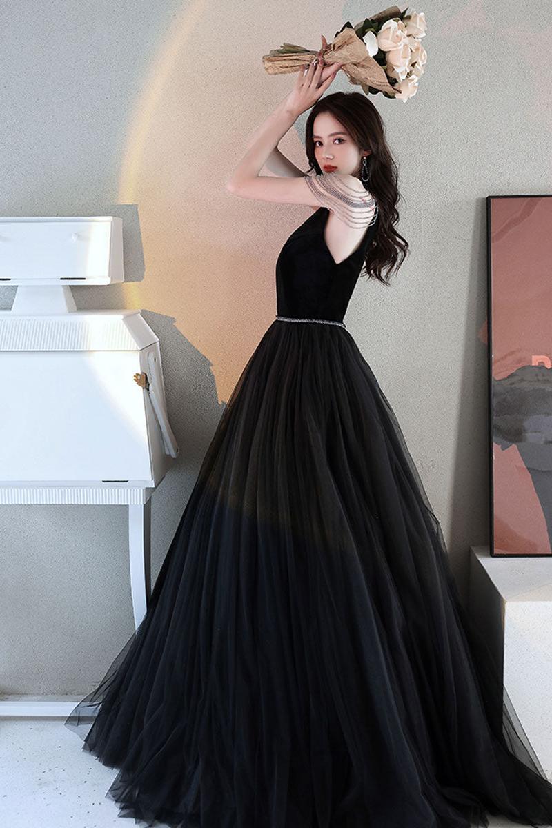 Black Velvet Formal Dress A Line Tulle Beaded Long Evening Dress