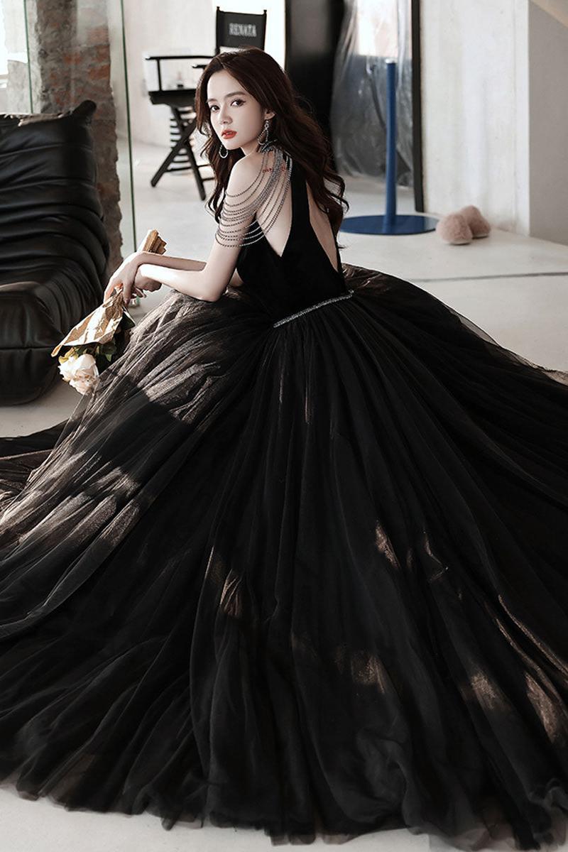Black Velvet Formal Dress A Line Tulle Beaded Long Evening Dress