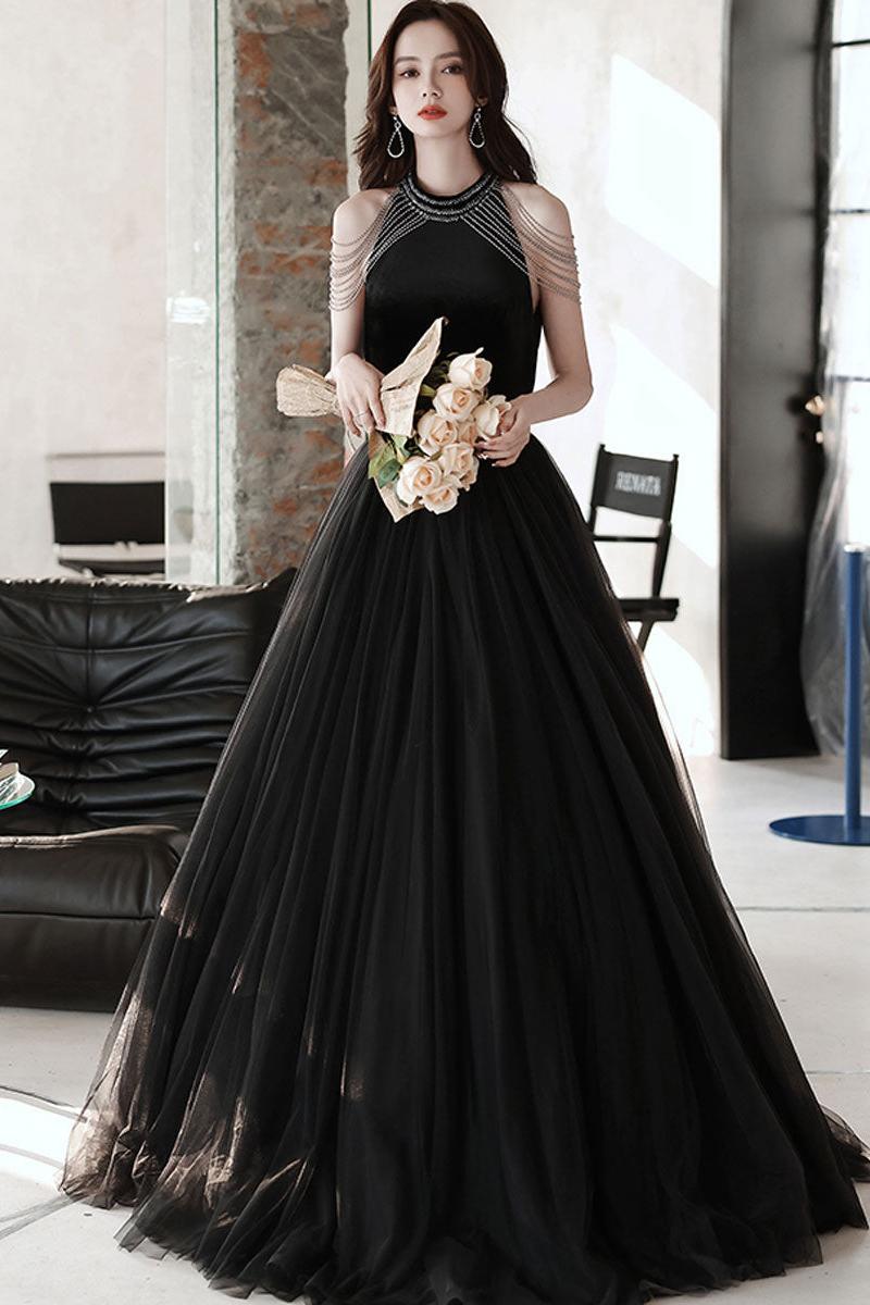 Black Velvet Formal Dress A Line Tulle Beaded Long Evening Dress