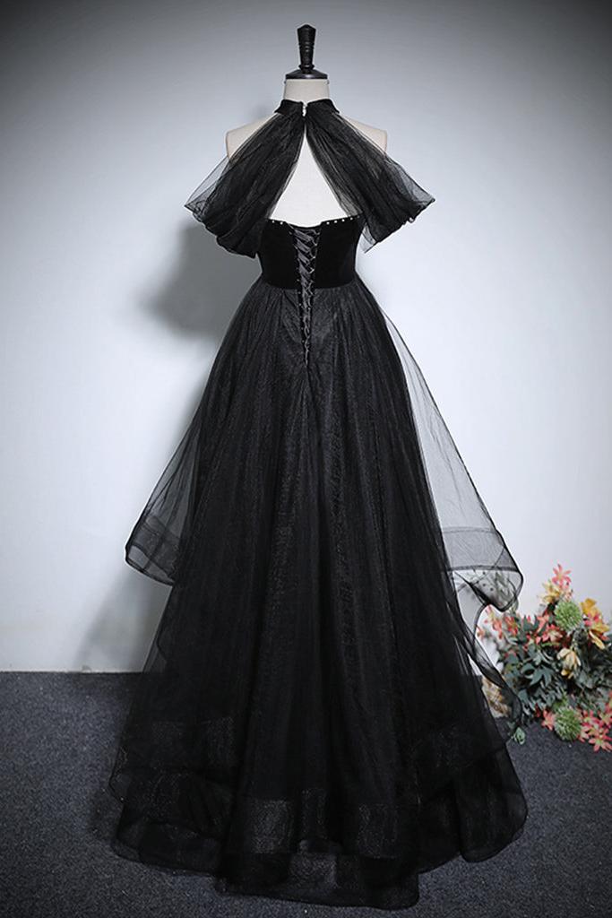Black Velvet Formal Dress A Line Tulle Long Evening Dress