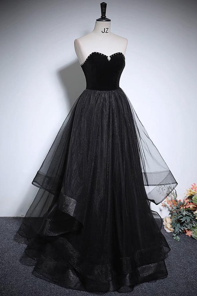 Black Velvet Formal Dress A Line Tulle Long Evening Dress