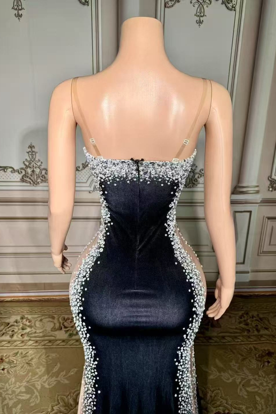 Black Velvet Formal Dress Beaded Evening Dress with Slit