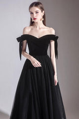 Black Velvet Formal Dress Off the Shoulder Tulle Long Evening Dress